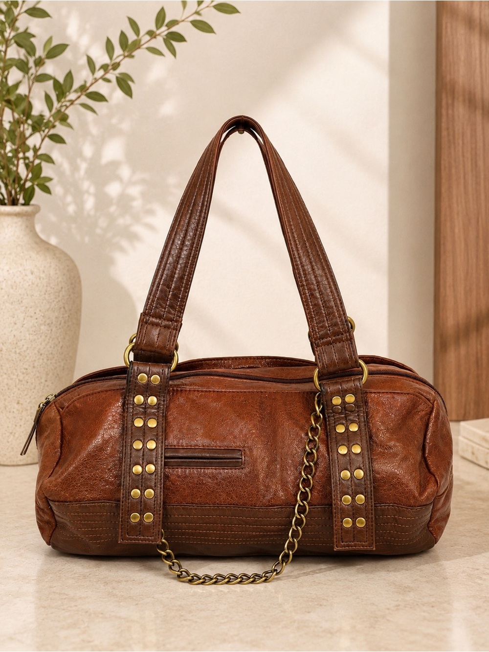 Y2K Arcadia Brown Faux Leather Studded Chain Barrel Shoulder Bag Moto